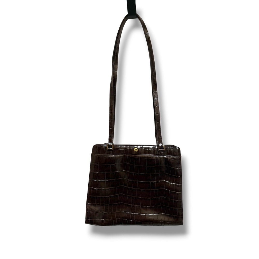 Etienne Aigner Brown Croc Embossed Leather Shoulder‎ Bag Gold Hardware Vintage